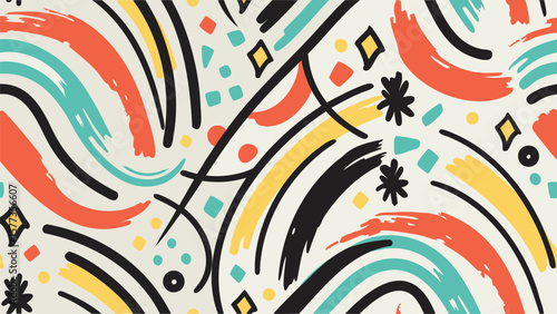 Abstract pattern with colorful brushstrokes, geometric shapes, and black lines creating a playful design