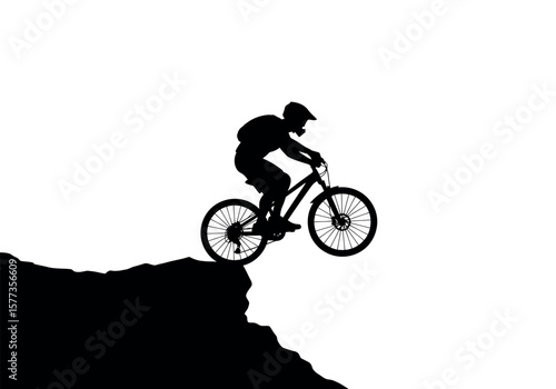 Silhouette of a mountain biker soaring from a cliff, captured against a stark white background, symbolizing challenge and freedom.