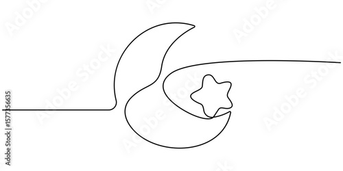 star with moon continuous one line drawing, Moon and star hanging decor continuous one line drawing minimalism design, Crescent moon and star continuous line art, Moon with star single line art.