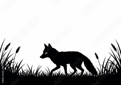 Striking silhouette of a fox walking through tall grass creates a graphic woodland scene ideal for backgrounds