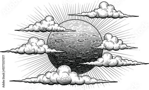 Engraved moon with clouds and sun rays in black and white drawing