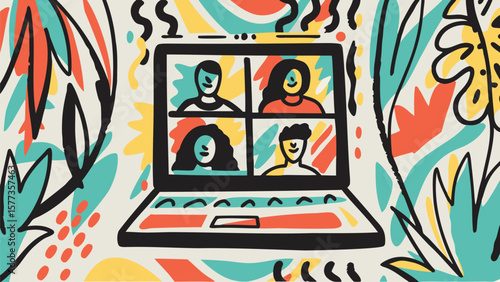 Laptop displaying a video conference call with four people surrounded by abstract floral art