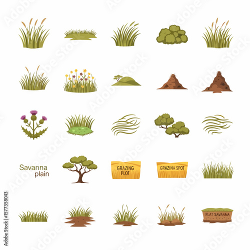 Collection of flat design illustrations depicting various savannah plants and terrain features.