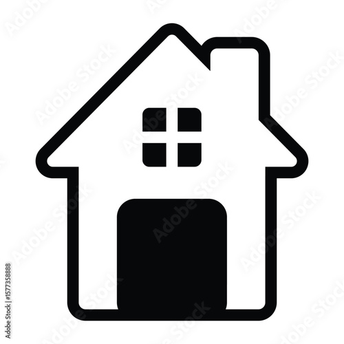 Home Icon Vector with Door and Window Outline, Solid Black House Symbol for Real Estate Design