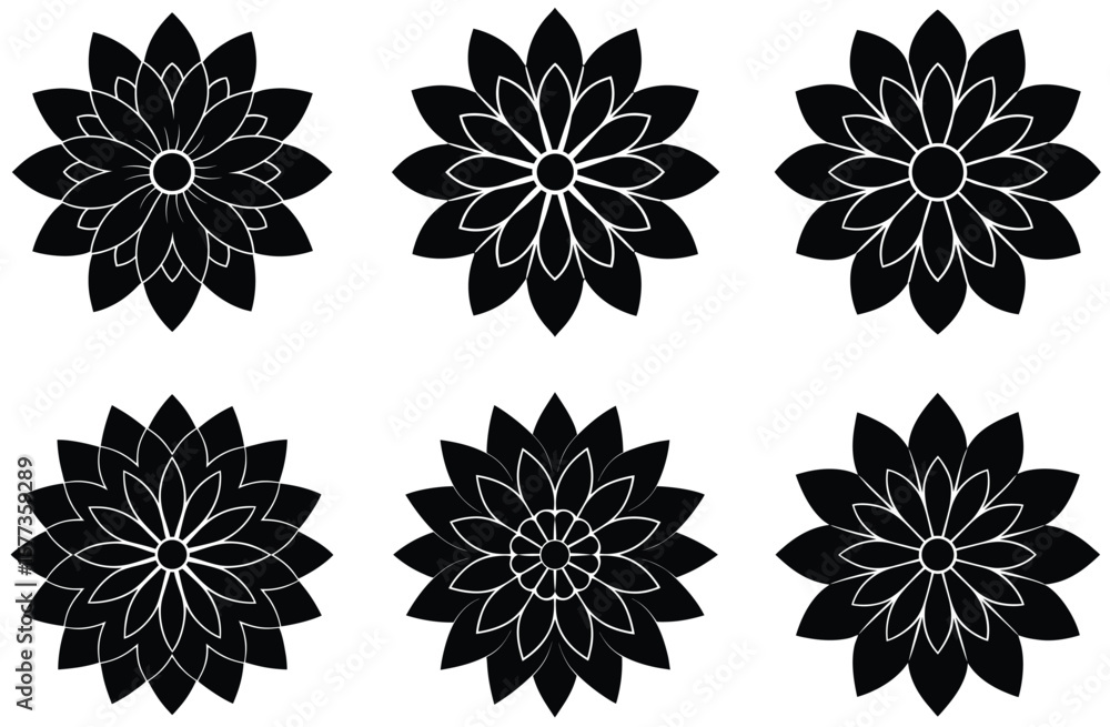 Fototapeta premium Elegant Black and White Flower Mandala Designs Six Unique Floral Illustrations