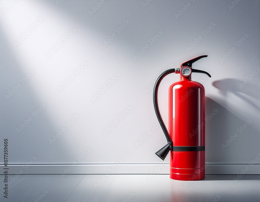 Obraz premium fire extinguisher on white wall in clean minimal room fire safety