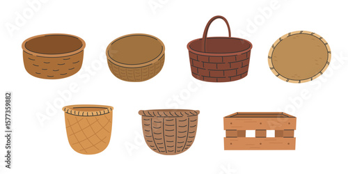 Collection of various woven baskets and crate. Flat cartoon style vector illustration isolated on white background
