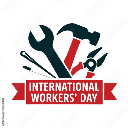 Celebrate International Workers' Day with this dynamic illustration of tools like a hammer, wrench, and scissors, showcasing labor and dedication