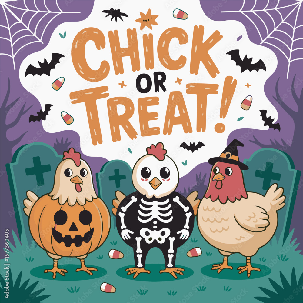 Obraz premium Three cartoon chickens in Halloween costumes including pumpkin skeleton and witch hat treat