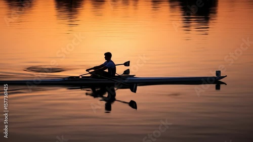 Silhouette of Single Sculler Rowing at Sunset - A lone rower in a single scull glides across a calm lake at sunset. The warm, golden light creates a beautiful silhouette against the tranquil water.