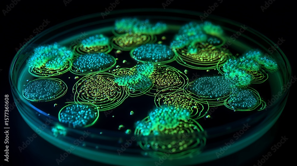 Fototapeta premium top-down view of a petri dish filled with colonies of glowing bio-luminescent bacteria forming artistic geometric patterns, vivid neon green and turquoise glow, scientific digital art 