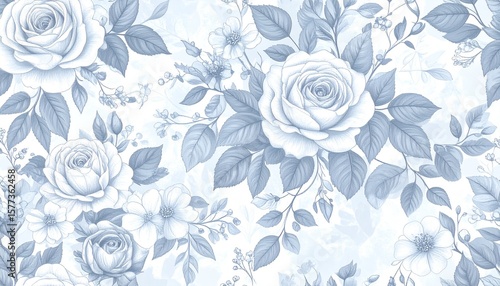 Wallpaper Mural クラシックな花柄パターン（グレー＆ブルー）｜Classic Floral Pattern in Gray and Blue Tones Torontodigital.ca