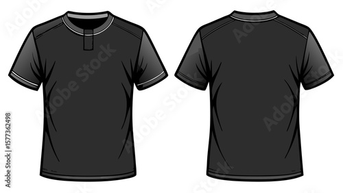 A blank black T-shirt template, front and back view, rests perfectly on a white background. Its crisp lines and deep shade highlight contrast and style in vector-ready design.

