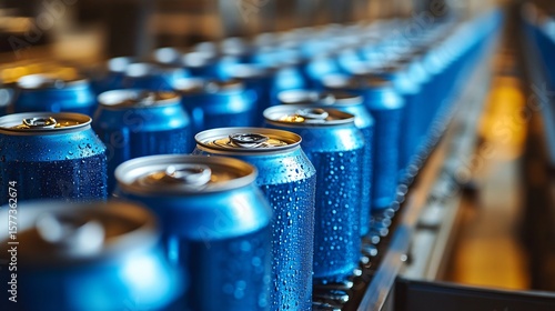 Blue aluminum cans aligned on conveyor belt in factory for beverage production and packaging industry concept.