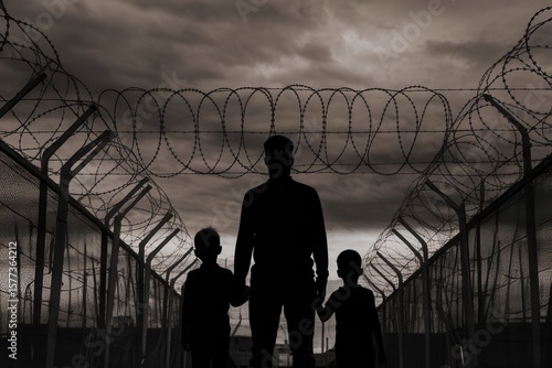 Silhouette of father and sons stands next to a fence with barbed wire