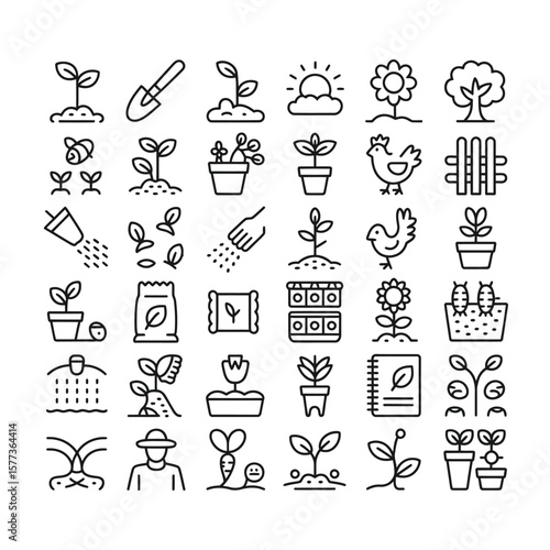 Black and White Line Art Gardening Icons Collection Featuring Seedlings Plants Flowers Pots Trowels Watering Cans Seeds Soil Sun Flowerbed Fence Chicken Farm Agriculture Botany