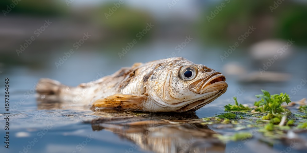 Obraz premium Dead Fish Floating on the Surface of a Polluted Pond with Murky Water and Algae Growth in a Natural Environment