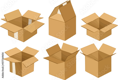 Create a kinds of deferent Opened and closed carton box Vector art with white background.