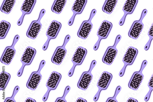 Seamless repeating pattern featuring violet wide combs with circular handle for detangling hair
