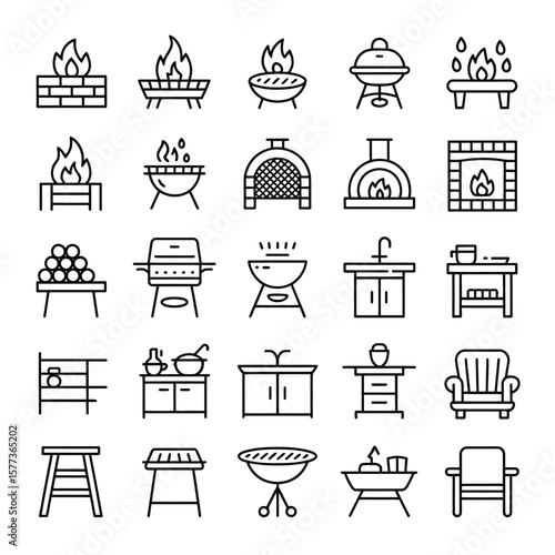 Black and White Line Art Icon Collection Featuring Grills Fireplaces Outdoor and Indoor Furnishings and Kitchen Cabinets