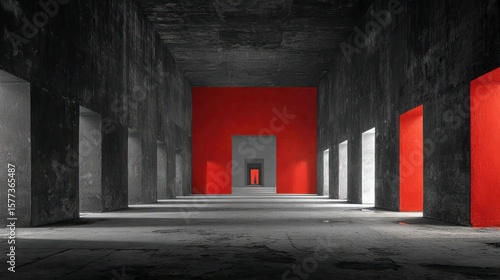 Stark concrete corridor with bright red accent walls and doorways leading into darkness