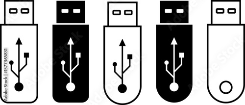 Flat USB flash drive icon set in outline, solid in vector EPS 10 format. Represents digital storage devices used in tech interfaces, data transfer tools, backup systems, and hardware illustrations. 