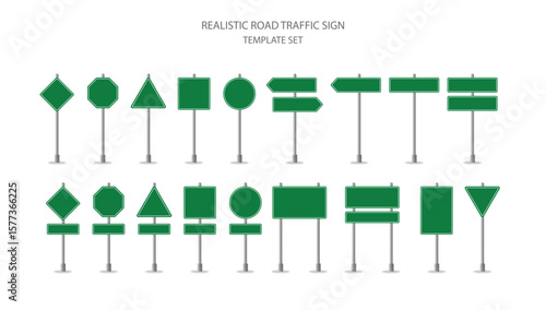 Realistic Road Traffic Sign Template Set. Green Road Sign Set