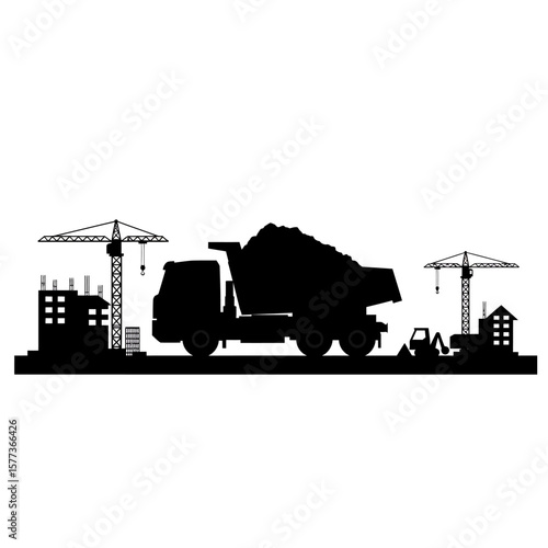 A stark silhouette showcases a construction site with a dump truck laden with material, cranes, buildings, and an excavator, emphasizing the industry's activity.