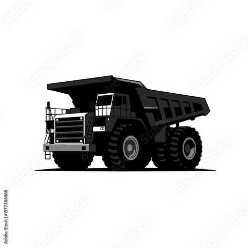 A large black mining dump truck is shown in a detailed vector illustration, perfect for industrial or construction themes, conveying power and strength in a simple yet effective design.