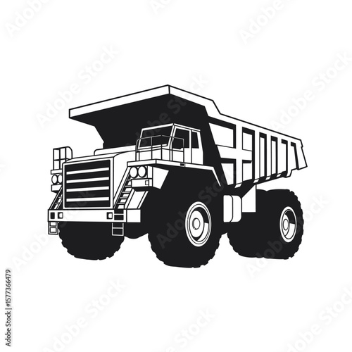 A powerful, heavy-duty mining dump truck illustrated in a clean, bold black and white graphic style, ready for industrial transport.