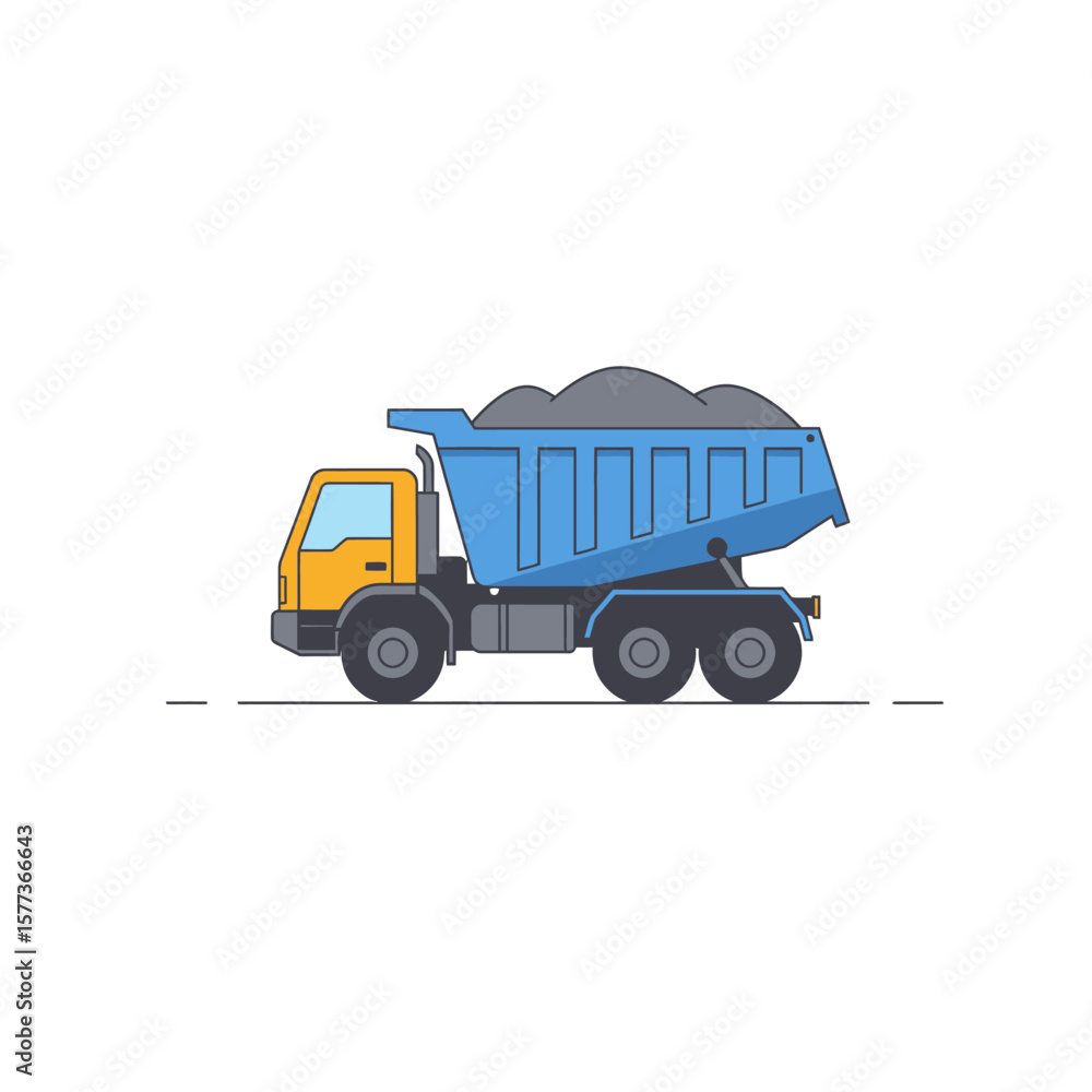Fototapeta premium A blue dump truck with a yellow cab carries a load of grey gravel on a white background with a thin grey line representing the road.