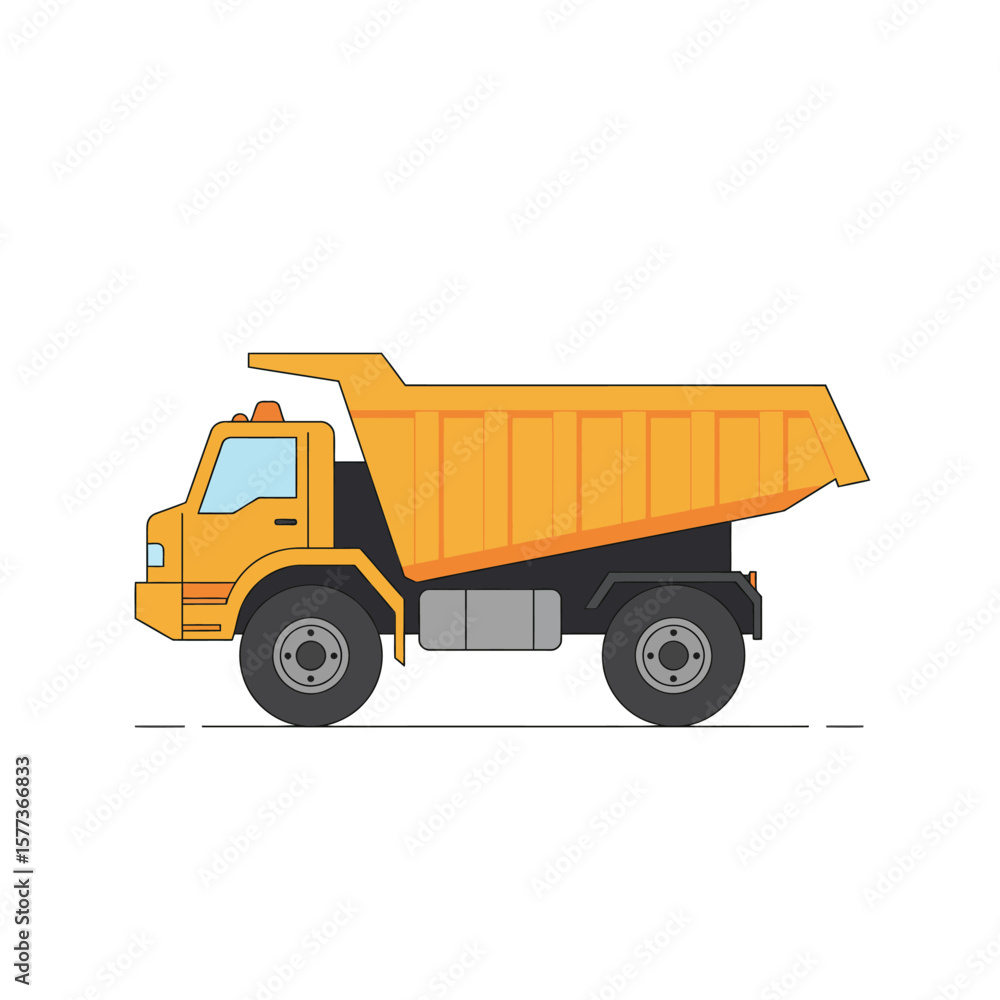 Fototapeta premium A yellow dump truck is depicted in a vector illustration, showcasing its design and functionality in a simple and clean style against a white background.