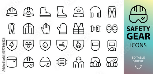 Safety gear and personal protective equipment (PPE) icons set. Set of hard hat, rubber boots, work pants, ear muffs, protective gloves, respirator, face mask vector icon with editable stroke