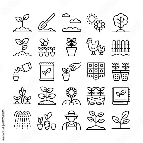 Collection of Black and White Line Art Gardening Icons Featuring Plants Seeds Tools a Farmer Chickens and More