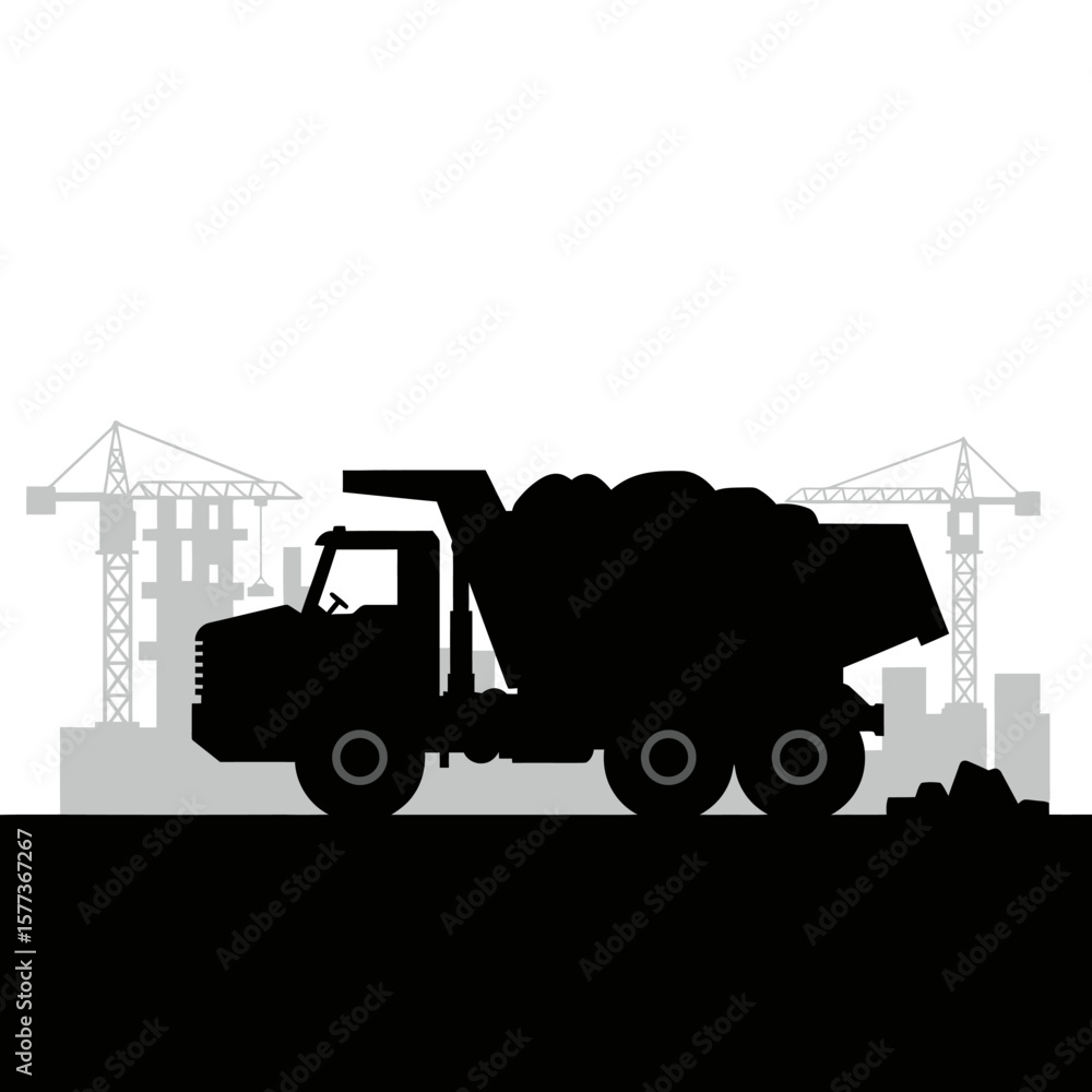 Naklejka premium Silhouette of a dump truck at a construction site, with cranes and buildings in the background, conveying a sense of industry and progress.
