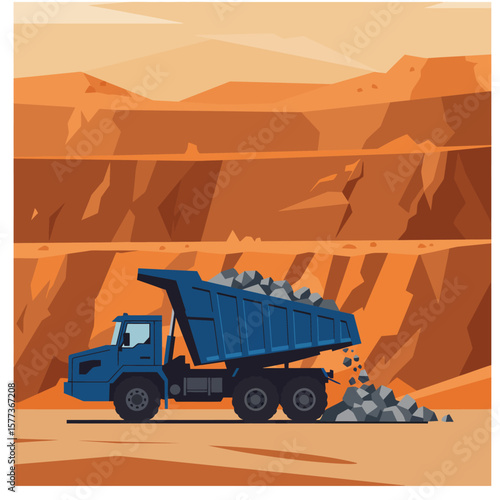 A large blue dump truck hauls rocks and debris in an open-pit mine under a bright, hazy sky.