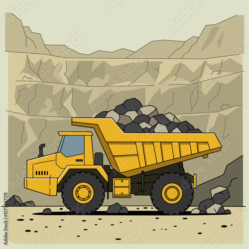 A yellow dump truck is shown fully loaded with rocks at an open-pit mine, ready to transport its heavy load to the processing plant, illustrating the mining industry.