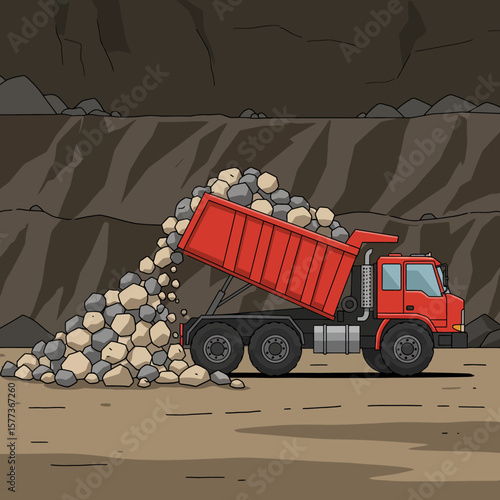 A red dump truck unloads a pile of rocks and stones at an open-pit mine, showcasing the industrial process of mining and transportation of materials.