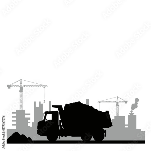 A silhouette of a dump truck filled with dirt, set against a backdrop of construction cranes and buildings, representing the construction and industry.