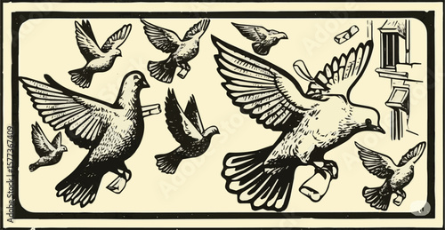 Create a kinds of deferent Pigeon mail sketch vector art with white background .
