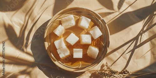 Glass of Tea with Sugar Cubes on Textured Fabric Background

