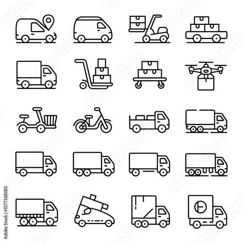 Collection of Black and White Line Art Icons Depicting Various Delivery and Transportation Methods Including Trucks Vans Cargo Bikes Hand Trucks and Drones