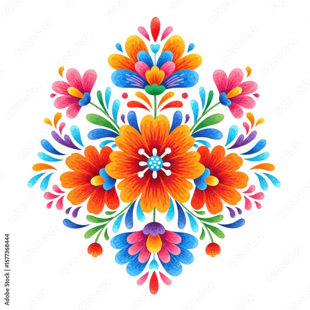Obraz premium Mexican folk floral ornament. Embroidery pattern. Cinco de Mayo Fiesta design with traditional colors on a transparent background.