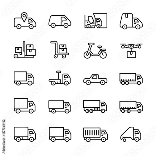 Collection of Black and White Line Icons Depicting Various Delivery and Transportation Methods Including Trucks Vans Forklifts Handcarts Bikes and Drones