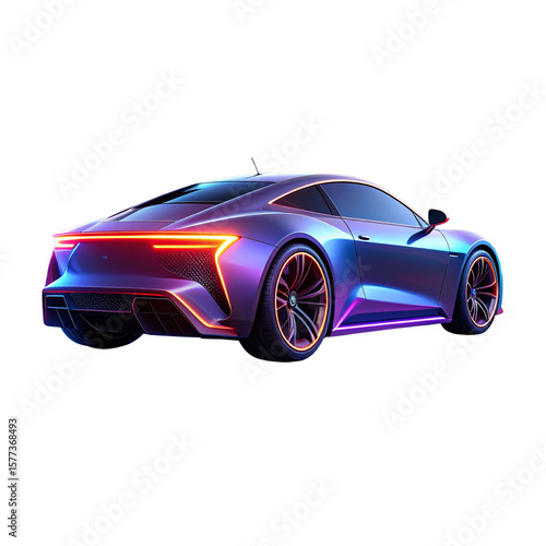 Futuristic sports car with neon lights and a shimmering reflection 