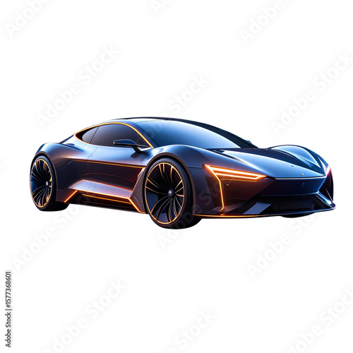  Futuristic sports car with neon lights and a shimmering reflection 