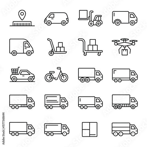 Collection of Black and White Line Icons Depicting Various Transportation and Delivery Methods Including Trucks Vans Handcarts Bicycles and a Drone for Package Delivery