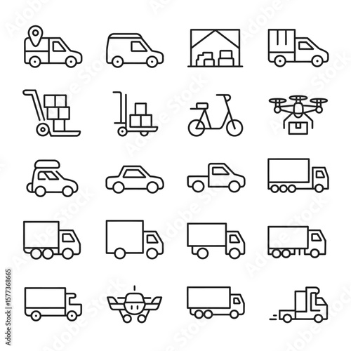 Collection of Black and White Line Icons Depicting Various Transportation Methods and Delivery Services Including Cars Trucks Vans Bikes Hand Trucks and Drones for Logistics