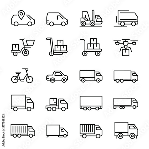 Collection of Black and White Line Icons Depicting Various Transportation Methods for Delivery and Logistics Including Cars Vans Trucks Bikes Handcarts and a Drone
