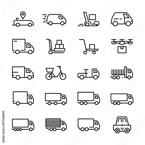 Collection of Black and White Line Icons Depicting Various Transportation Methods for Delivery and Logistics Including Cars Vans Trucks Bikes Handcarts and Drones